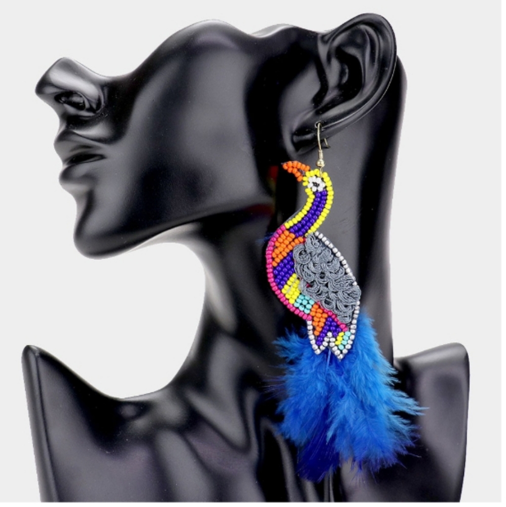 Felt Back Seed Bead Feather Peacock Earrings